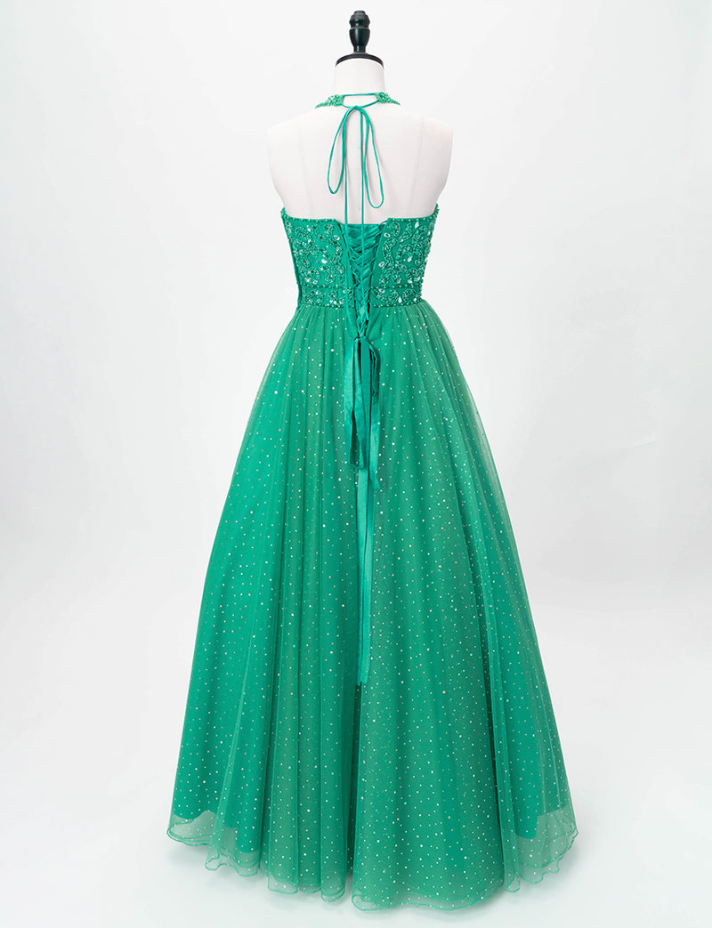 TWEED DRESS(ツイードドレス)のグリーンロングドレス・チュール｜TD1853-GNのトルソー全身背面画像です。