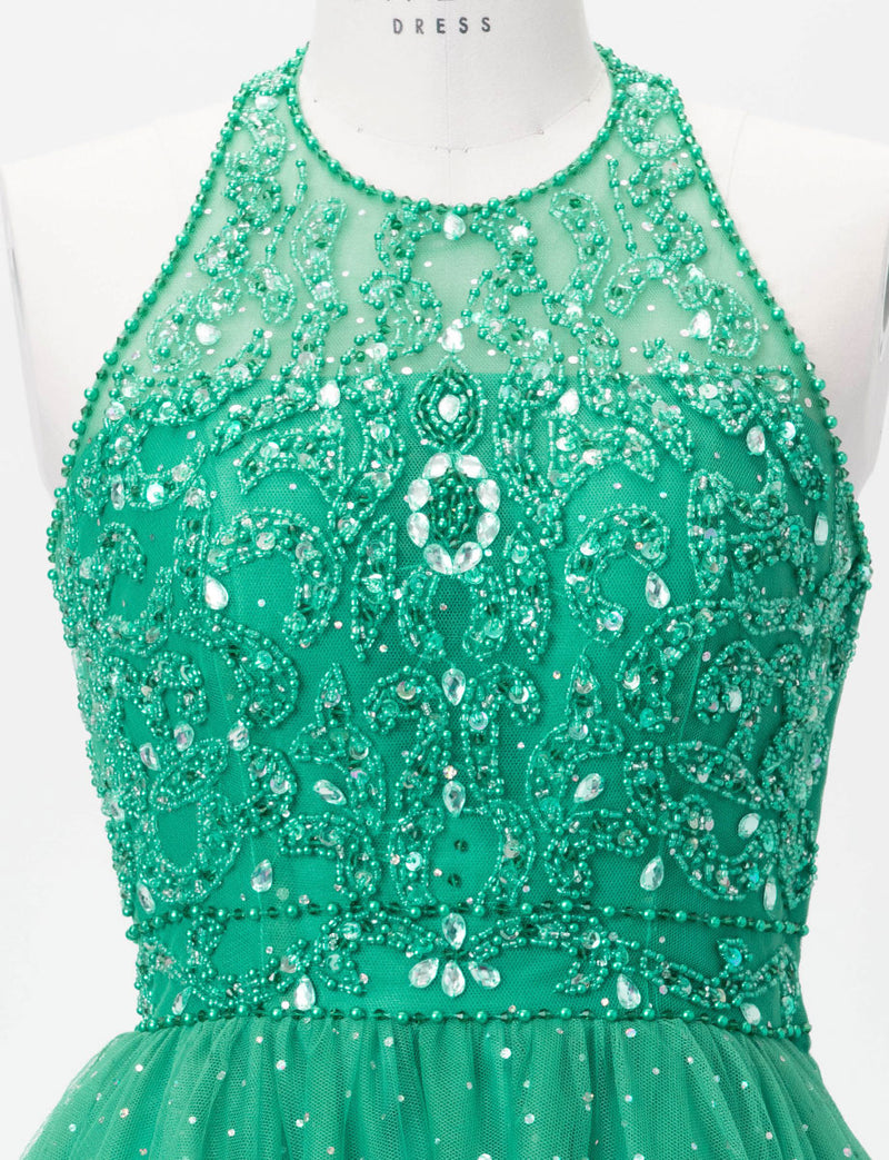TWEED DRESS(ツイードドレス)のグリーンロングドレス・チュール｜TD1853-GNのトルソー上半身正面画像です。