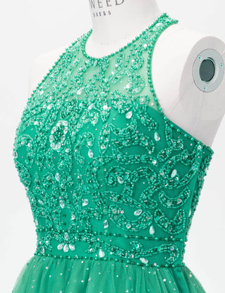 TWEED DRESS(ツイードドレス)のグリーンロングドレス・チュール｜TD1853-GNのトルソー上半身斜め画像です。