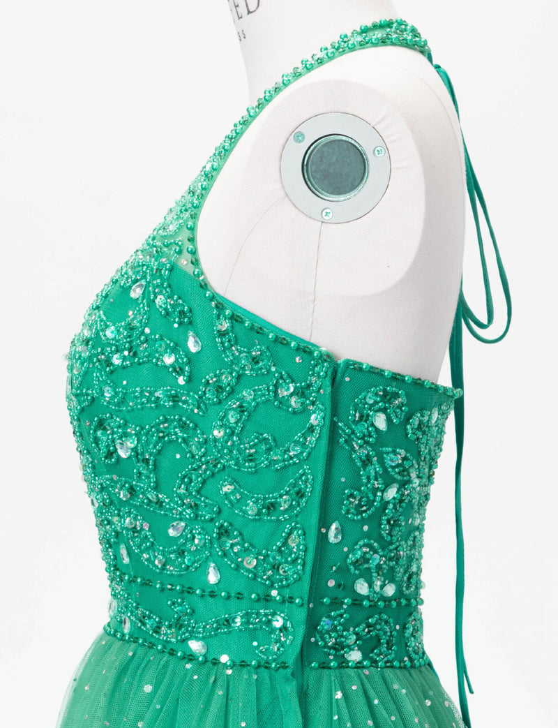 TWEED DRESS(ツイードドレス)のグリーンロングドレス・チュール｜TD1853-GNのトルソー上半身側面画像です。