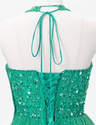 TWEED DRESS(ツイードドレス)のグリーンロングドレス・チュール｜TD1853-GNのトルソー上半身背面画像です。