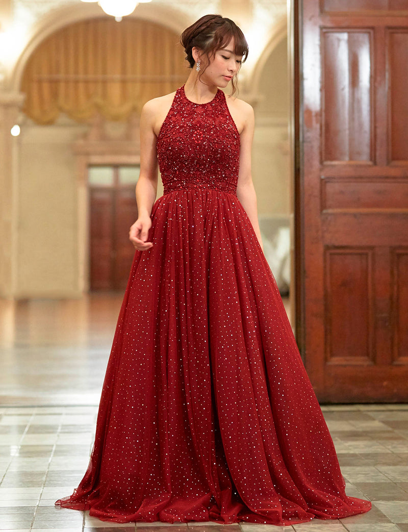 TWEED DRESS(ツイードドレス)のワインレッドロングドレス・チュール｜TD1853-WRDの全身正面画像です。