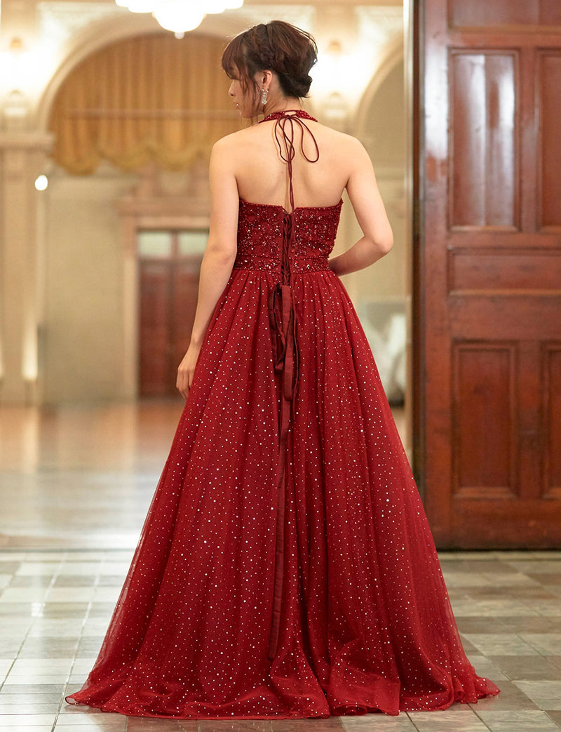 TWEED DRESS(ツイードドレス)のワインレッドロングドレス・チュール｜TD1853-WRDの全身背面画像です。