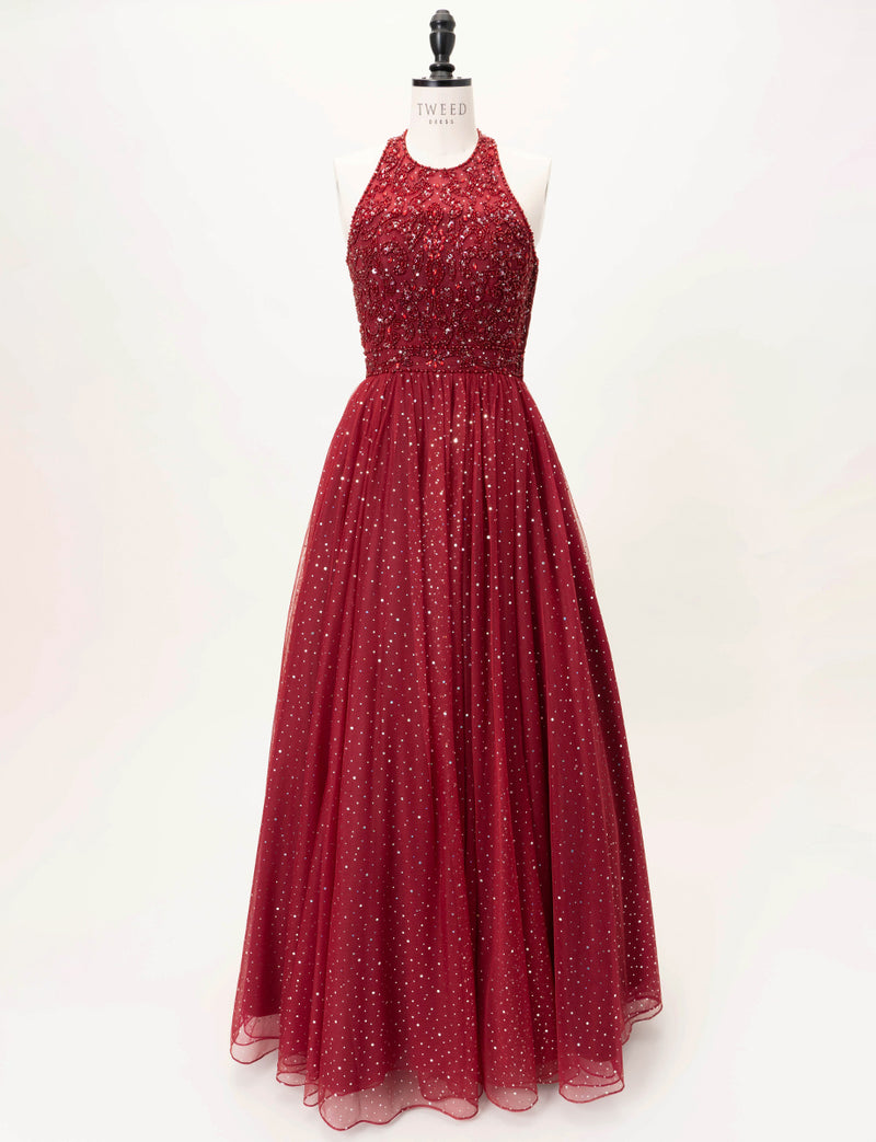 TWEED DRESS(ツイードドレス)のワインレッドロングドレス・チュール｜TD1853-WRDのトルソー全身正面画像です。