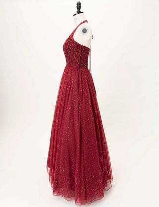 TWEED DRESS(ツイードドレス)のワインレッドロングドレス・チュール｜TD1853-WRDのトルソー全身側面画像です。