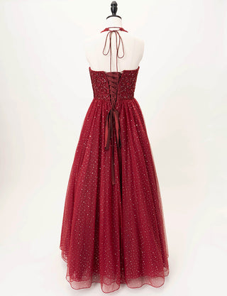 TWEED DRESS(ツイードドレス)のワインレッドロングドレス・チュール｜TD1853-WRDのトルソー全身背面画像です。