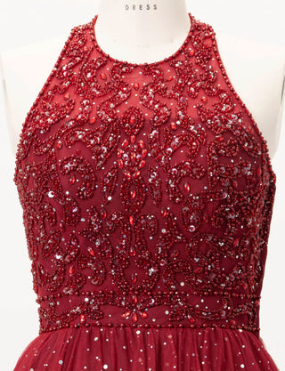 TWEED DRESS(ツイードドレス)のワインレッドロングドレス・チュール｜TD1853-WRDのトルソー上半身正面画像です。