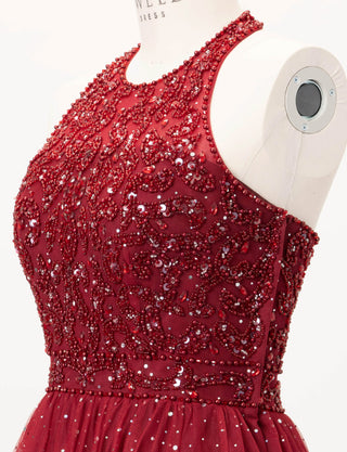 TWEED DRESS(ツイードドレス)のワインレッドロングドレス・チュール｜TD1853-WRDのトルソー上半身斜め画像です。