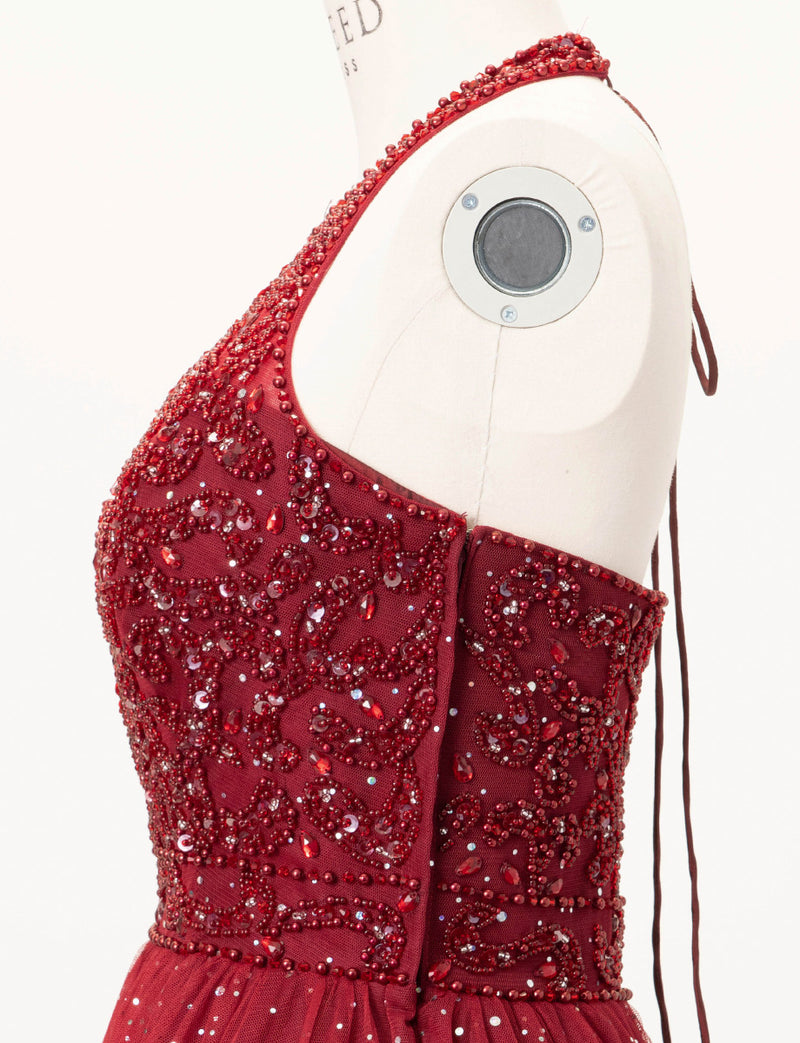 TWEED DRESS(ツイードドレス)のワインレッドロングドレス・チュール｜TD1853-WRDのトルソー上半身側面画像です。