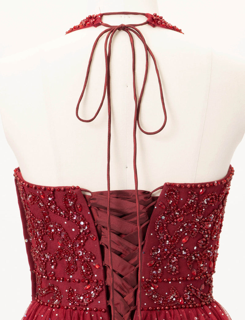 TWEED DRESS(ツイードドレス)のワインレッドロングドレス・チュール｜TD1853-WRDのトルソー上半身背面画像です。