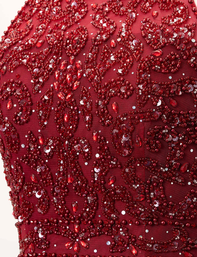 TWEED DRESS(ツイードドレス)のワインレッドロングドレス・チュール｜TD1853-WRDの上半身ビジュ装飾拡大画像です。