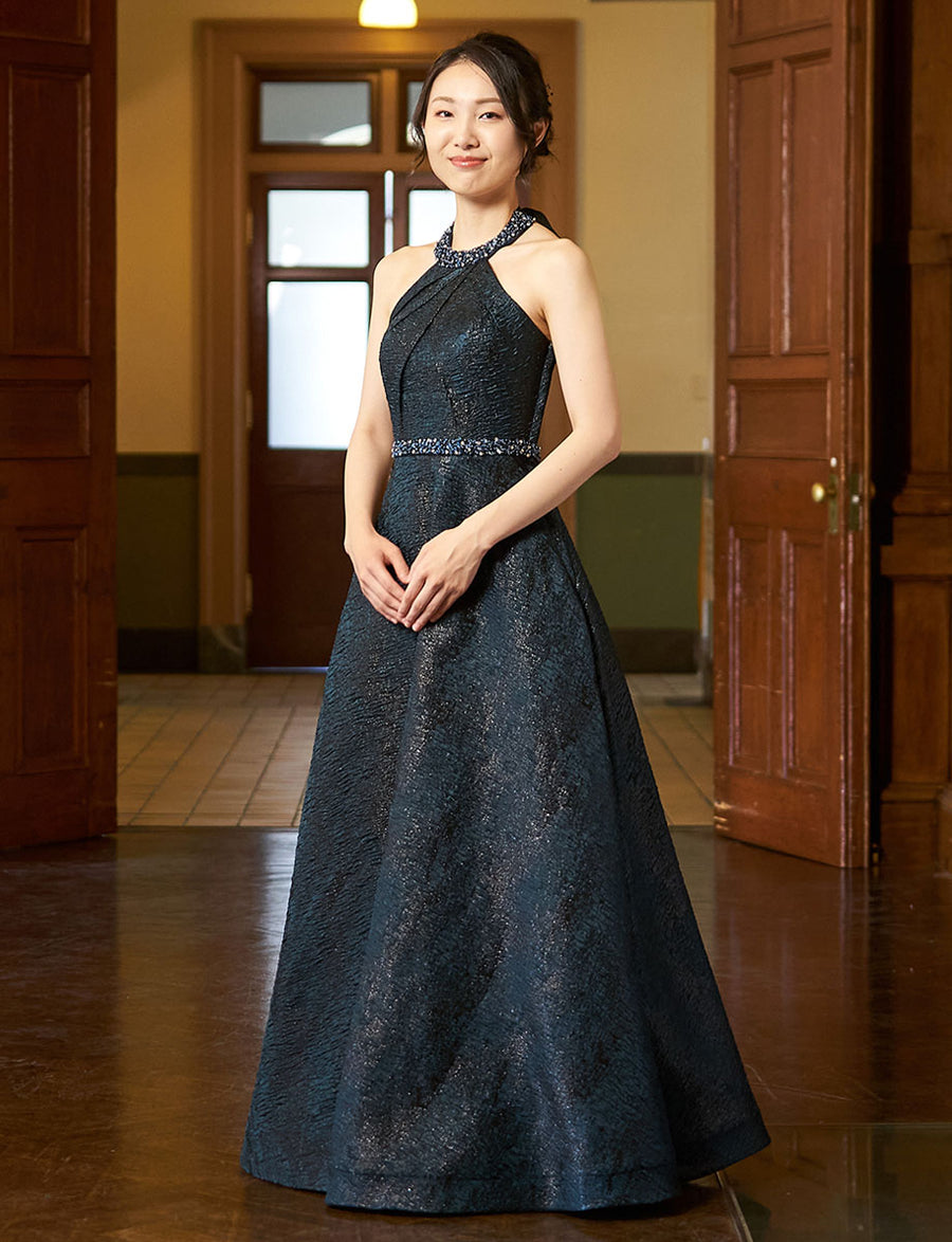 人気完売品✨ファインフェザーズ　ロングドレス　11号　演奏会　お花　グリーン グリーンブラック 演奏会ドレス・ステージドレスにお薦めロングドレス