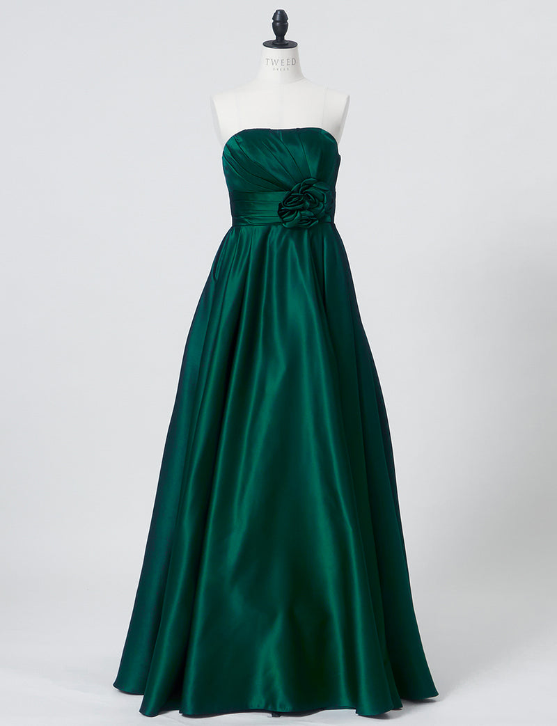 TWEED DRESS(ツイードドレス)のボトルグリーンロングドレス・サテン ｜TH1407-1-BGNのトルソー全身正面画像です。