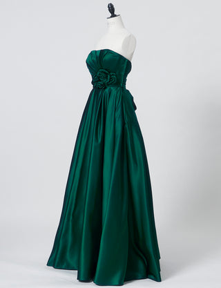 TWEED DRESS(ツイードドレス)のボトルグリーンロングドレス・サテン ｜TH1407-1-BGNのトルソー全身斜め画像です。
