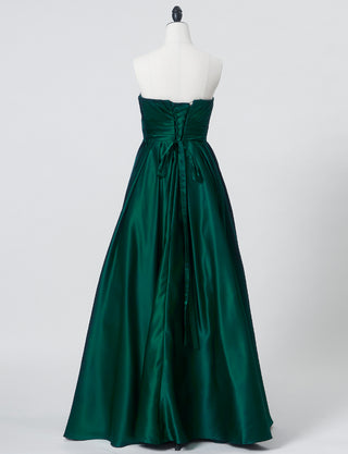TWEED DRESS(ツイードドレス)のボトルグリーンロングドレス・サテン ｜TH1407-1-BGNのトルソー全身背面画像です。