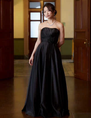 TWEED DRESS(ツイードドレス)のブラックロングドレス・サテン ｜TH1407-1-BKの全身正面画像です。
