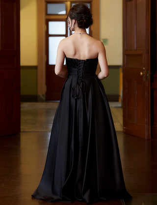 TWEED DRESS(ツイードドレス)のブラックロングドレス・サテン ｜TH1407-1-BKの全身背面画像です。