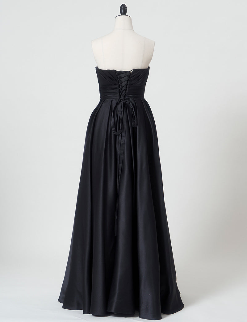 TWEED DRESS(ツイードドレス)のブラックロングドレス・サテン ｜TH1407-1-BKのトルソー全身背面画像です。