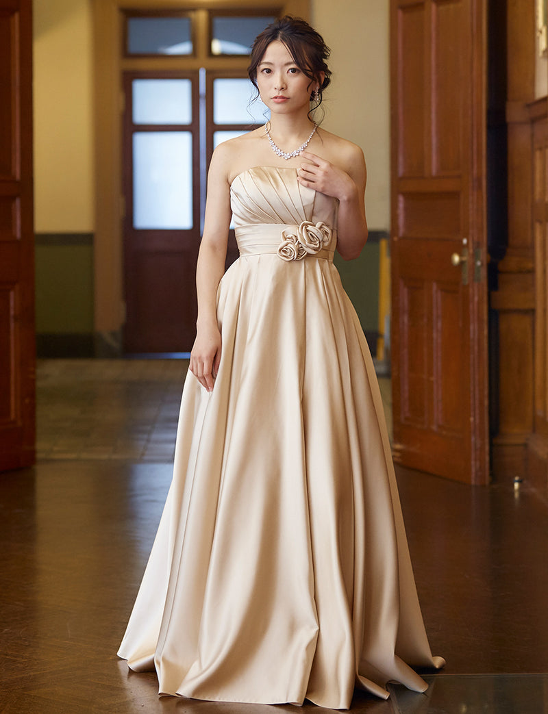 TWEED DRESS(ツイードドレス)のシャンパンゴールドロングドレス・サテン ｜TH1407-1-CGDの全身正面画像です。