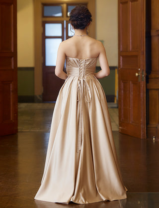 TWEED DRESS(ツイードドレス)のシャンパンゴールドロングドレス・サテン ｜TH1407-1-CGDの全身背面画像です。