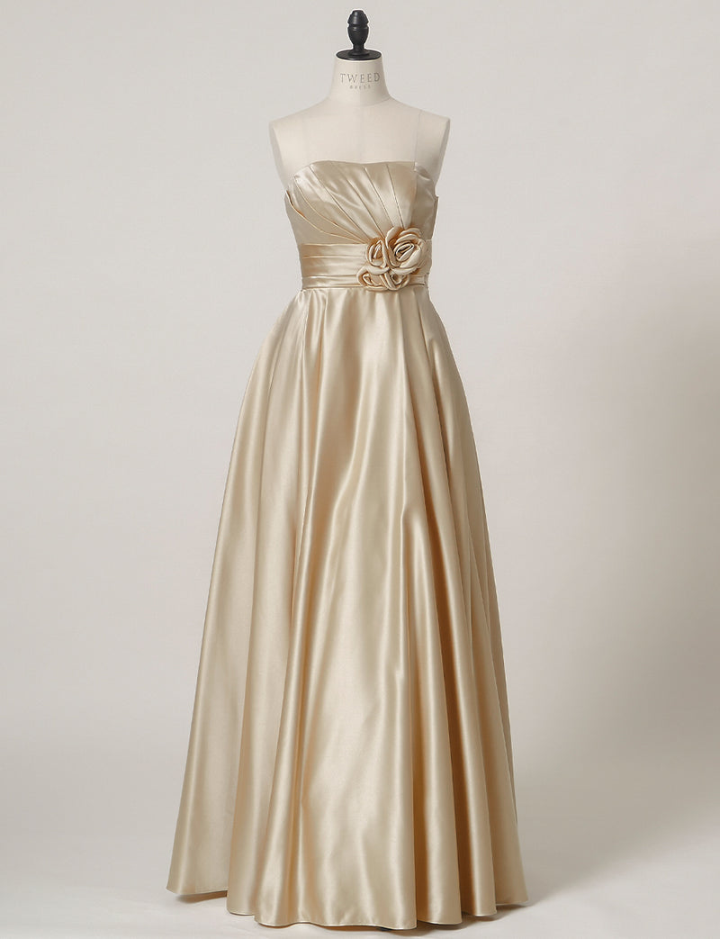 TWEED DRESS(ツイードドレス)のシャンパンゴールドロングドレス・サテン ｜TH1407-1-CGDのトルソー全身正面画像です。