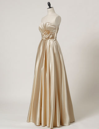 TWEED DRESS(ツイードドレス)のシャンパンゴールドロングドレス・サテン ｜TH1407-1-CGDのトルソー全身斜め画像です。