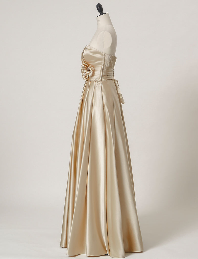 TWEED DRESS(ツイードドレス)のシャンパンゴールドロングドレス・サテン ｜TH1407-1-CGDのトルソー全身側面画像です。