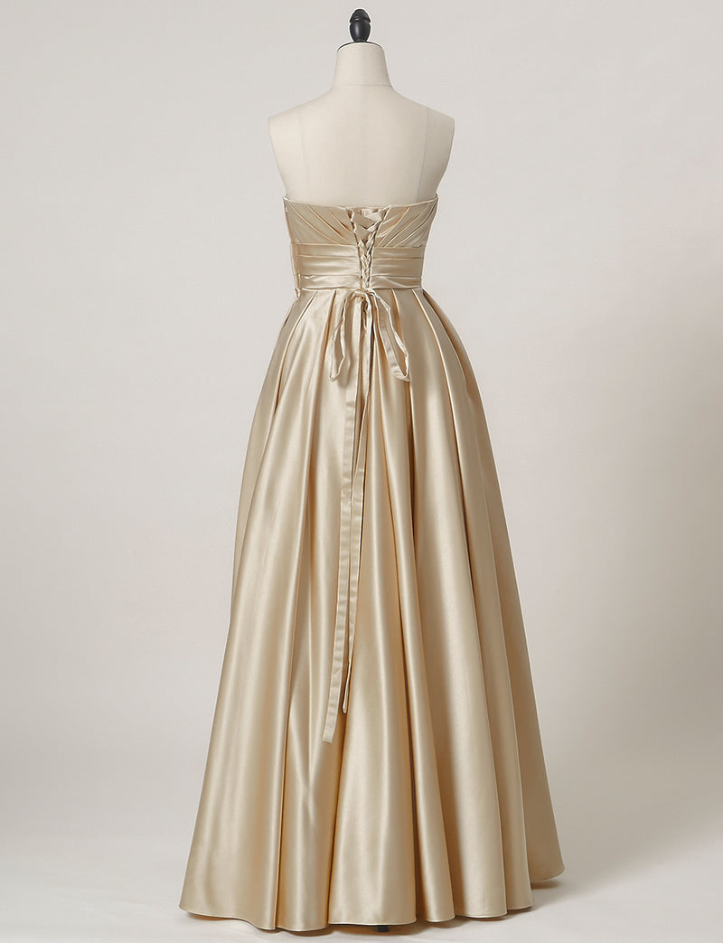 TWEED DRESS(ツイードドレス)のシャンパンゴールドロングドレス・サテン ｜TH1407-1-CGDのトルソー全身背面画像です。