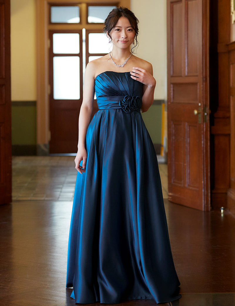 TWEED DRESS(ツイードドレス)のミッドナイトブルーロングドレス・サテン ｜TH1407-1-MBLの全身正面画像です。