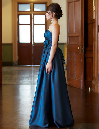 TWEED DRESS(ツイードドレス)のミッドナイトブルーロングドレス・サテン ｜TH1407-1-MBLの全身側面画像です。