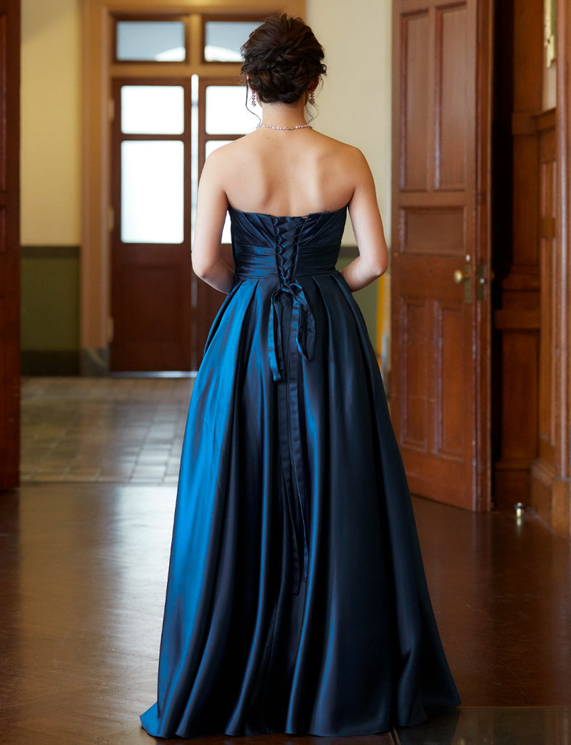 TWEED DRESS(ツイードドレス)のミッドナイトブルーロングドレス・サテン ｜TH1407-1-MBLの全身背面画像です。