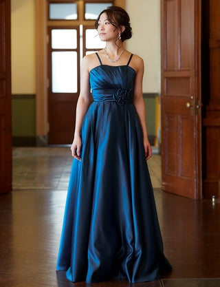 TWEED DRESS(ツイードドレス)のミッドナイトブルーロングドレス・サテン ｜TH1407-1-MBLの全身正面ストラップ着用画像です。