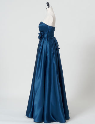 TWEED DRESS(ツイードドレス)のミッドナイトブルーロングドレス・サテン ｜TH1407-1-MBLのトルソー全身側面画像です。