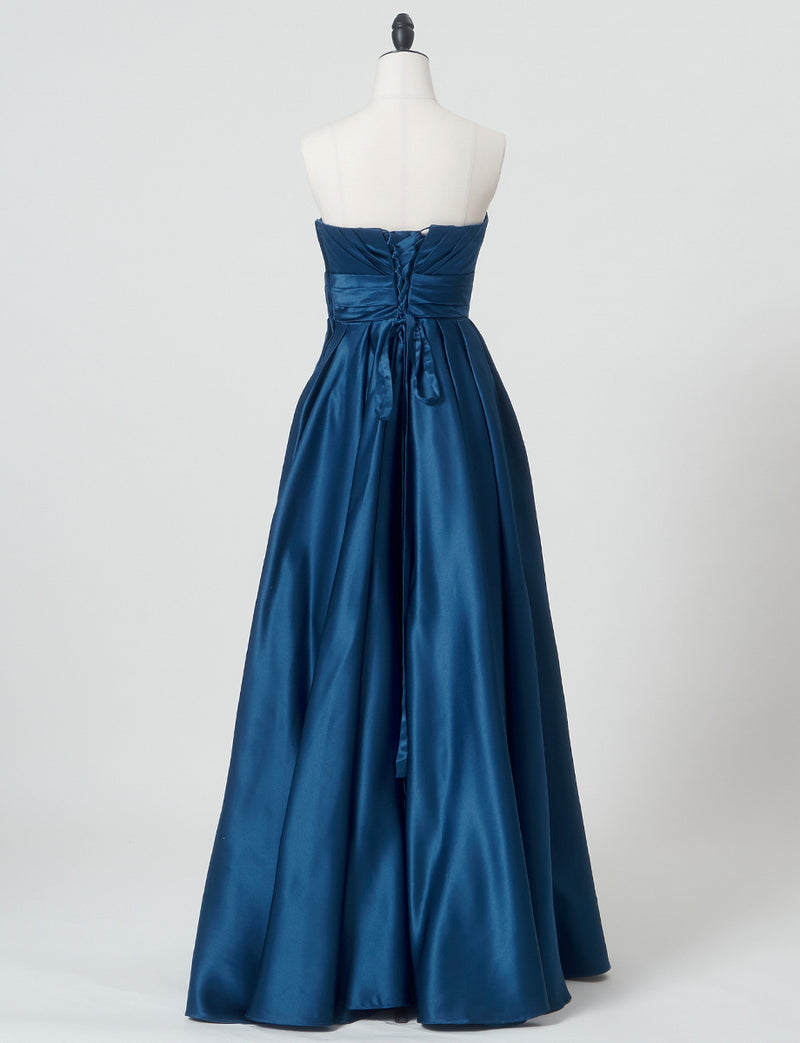 TWEED DRESS(ツイードドレス)のミッドナイトブルーロングドレス・サテン ｜TH1407-1-MBLのトルソー全身背面画像です。