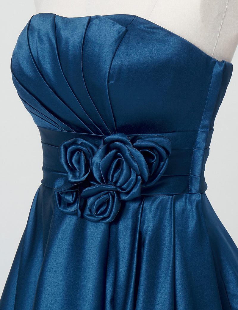 TWEED DRESS(ツイードドレス)のミッドナイトブルーロングドレス・サテン ｜TH1407-1-MBLのトルソー上半身斜め画像です。