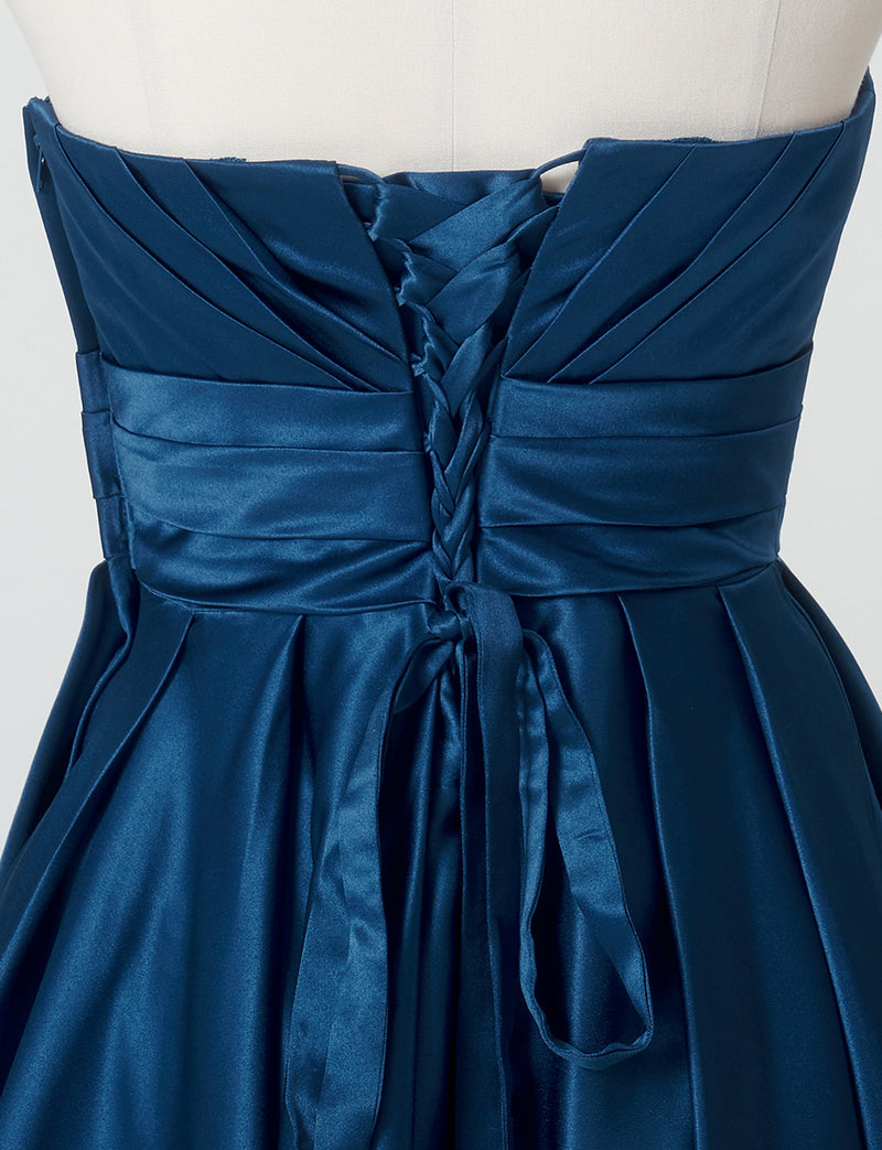 TWEED DRESS(ツイードドレス)のミッドナイトブルーロングドレス・サテン ｜TH1407-1-MBLのトルソー上半身背面画像です。