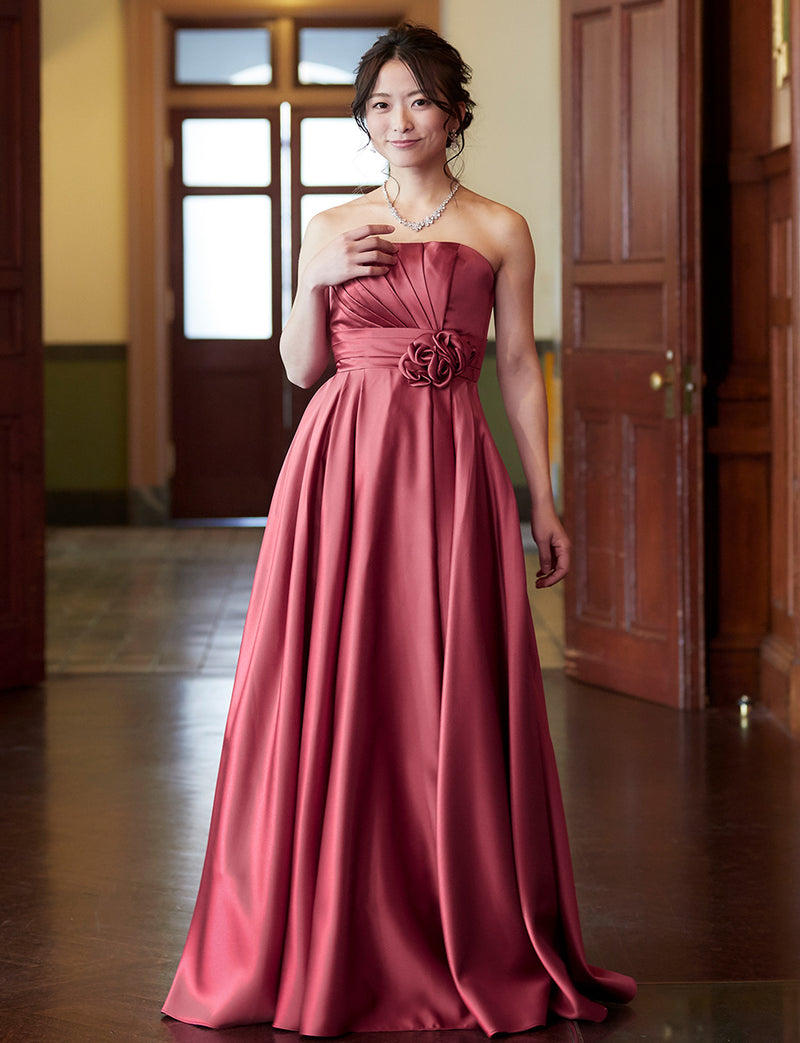 TWEED DRESS(ツイードドレス)のピンクローズロングドレス・サテン ｜TH1407-1-PKRの全身正面画像です。