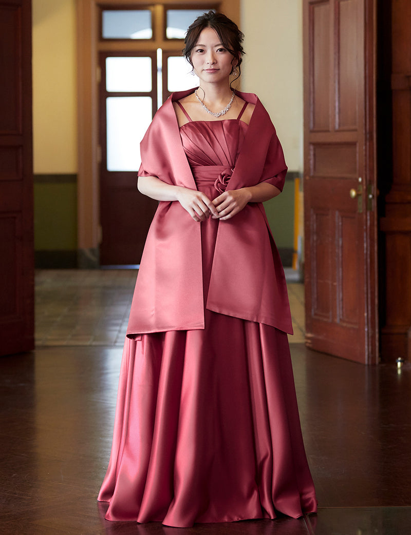 TWEED DRESS(ツイードドレス)のピンクローズロングドレス・サテン ｜TH1407-1-PKRの全身正面ストール着用画像です。