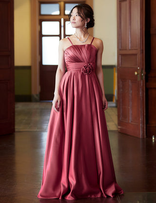 TWEED DRESS(ツイードドレス)のピンクローズロングドレス・サテン ｜TH1407-1-PKRの全身正面ストラップ着用画像です。