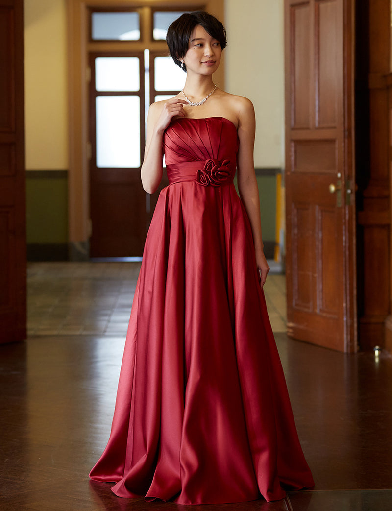 TWEED DRESS(ツイードドレス)のレッドロングドレス・サテン ｜TH1407-1-RDの全身正面画像です。