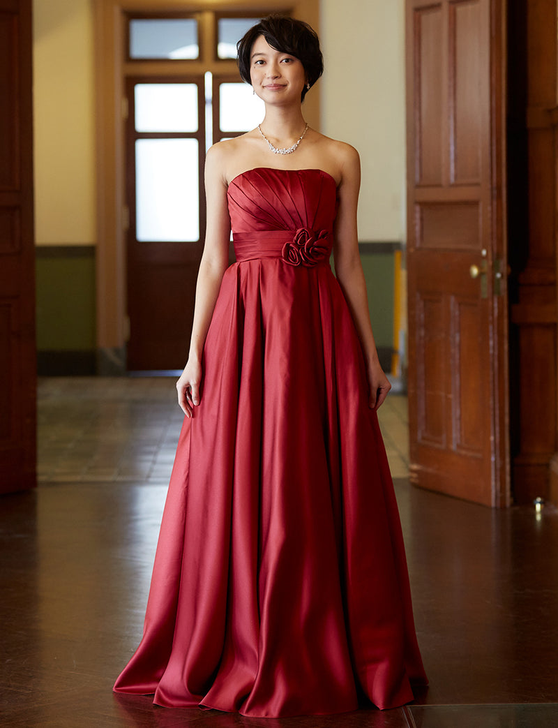 TWEED DRESS(ツイードドレス)のレッドロングドレス・サテン ｜TH1407-1-RDの全身正面画像です。