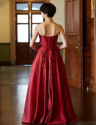 TWEED DRESS(ツイードドレス)のレッドロングドレス・サテン ｜TH1407-1-RDの全身背面画像です。