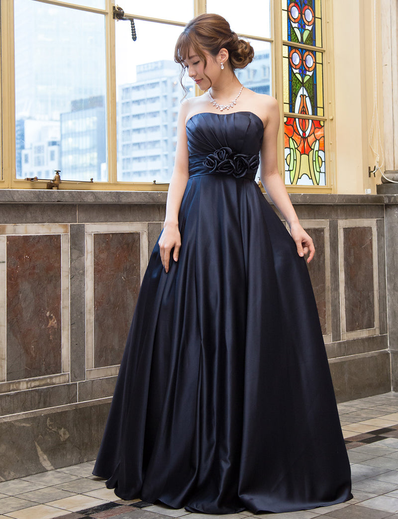TWEED DRESS(ツイードドレス)のダークネイビーロングドレス・サテン ｜TH1407-DNYの全身正面画像です。