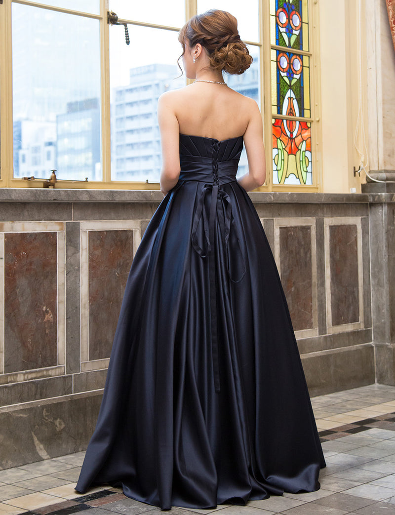 TWEED DRESS(ツイードドレス)のダークネイビーロングドレス・サテン ｜TH1407-DNYの全身背面画像です。