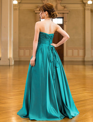 TWEED DRESS(ツイードドレス)のオールドグリーンロングドレス・サテン ｜TH1407-OGNの全身背面画像です。