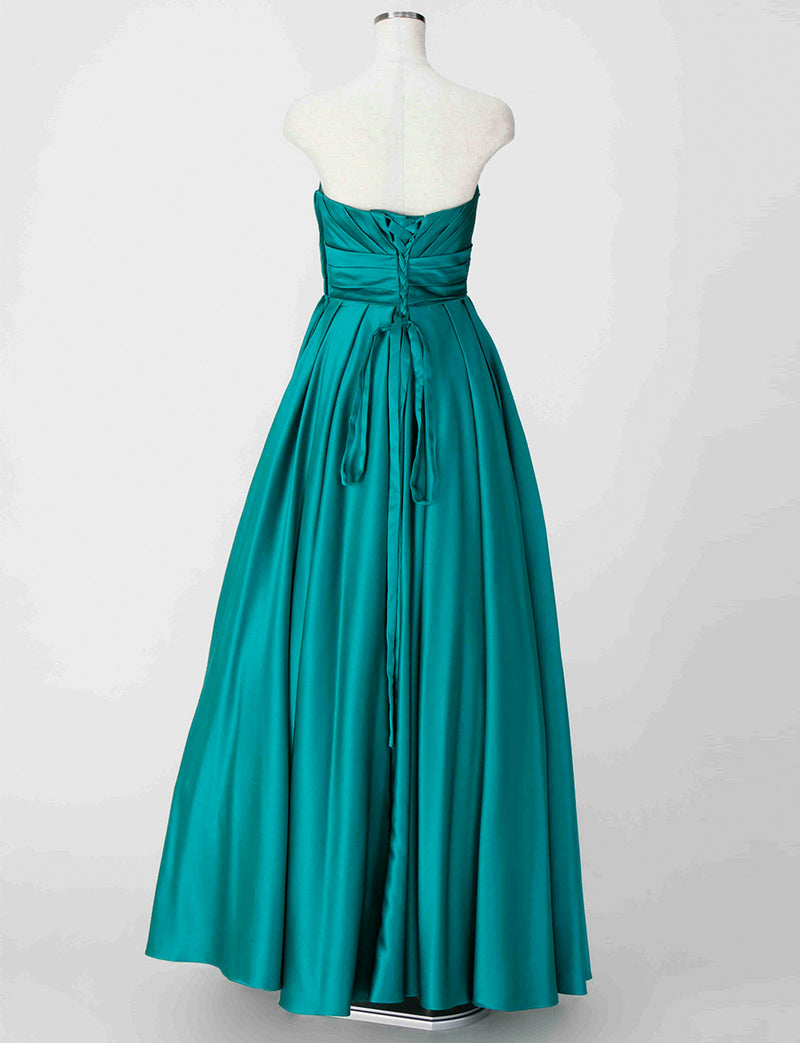 TWEED DRESS(ツイードドレス)のオールドグリーンロングドレス・サテン ｜TH1407-OGNのトルソー全身背面画像です。