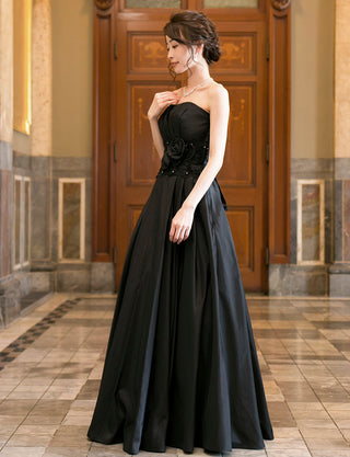 TWEED DRESS(ツイードドレス)のブラックロングドレス・タフタ ｜TH1408-BKの全身斜め画像です。