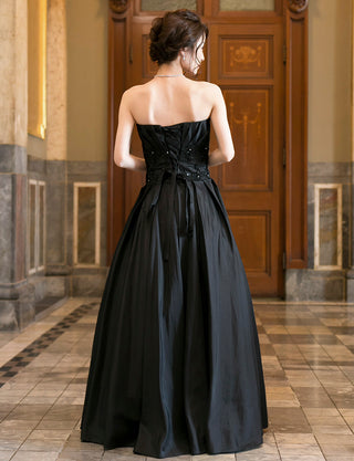 TWEED DRESS(ツイードドレス)のブラックロングドレス・タフタ ｜TH1408-BKの全身背面画像です。