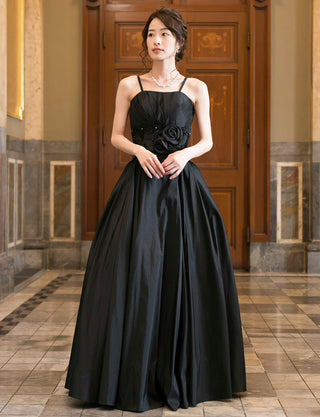 TWEED DRESS(ツイードドレス)のブラックロングドレス・タフタ ｜TH1408-BKの全身正面ストラップ着用画像です。