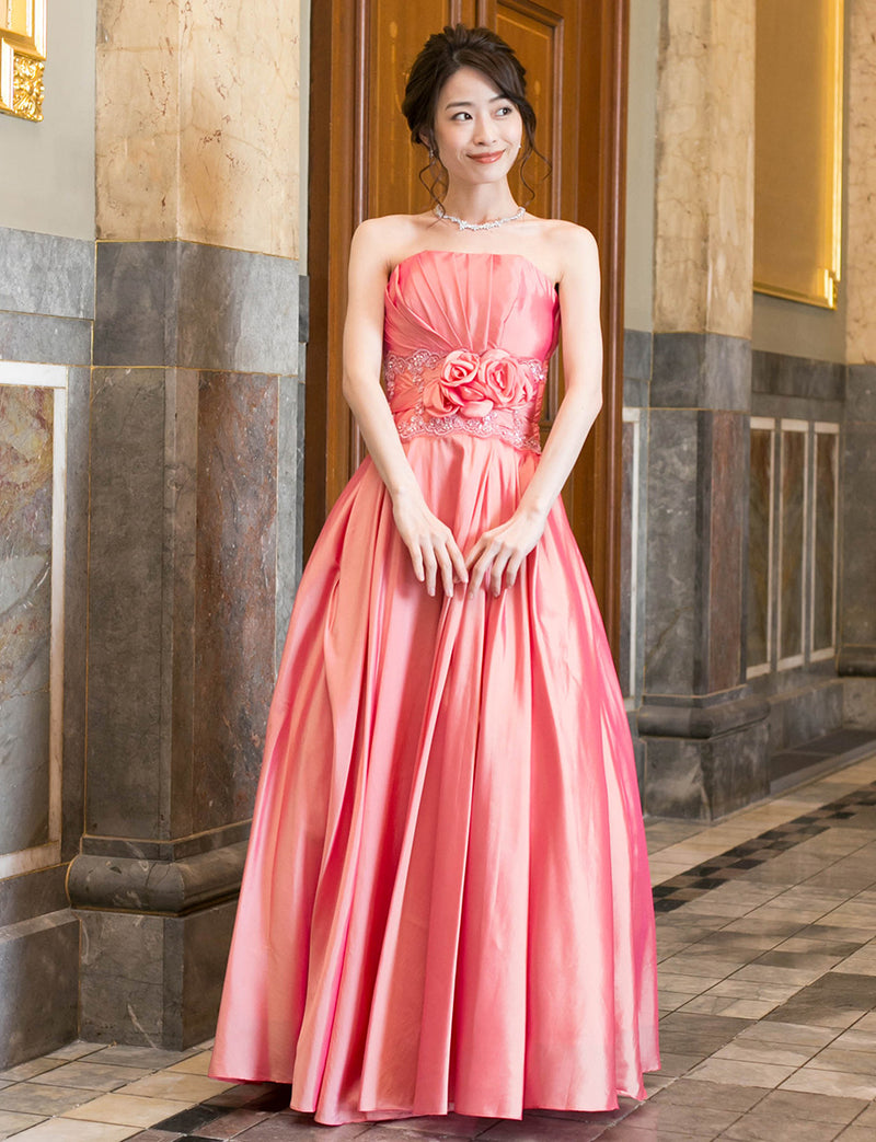 TWEED DRESS(ツイードドレス)のコーラルピンクロングドレス・タフタ ｜TH1408-CPKの全身正面画像です。